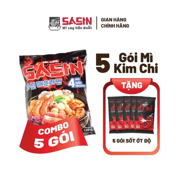 Combo 5 gói mì Sasin vị kim chi + 5 gói sốt ớt độ Sasin 10g
